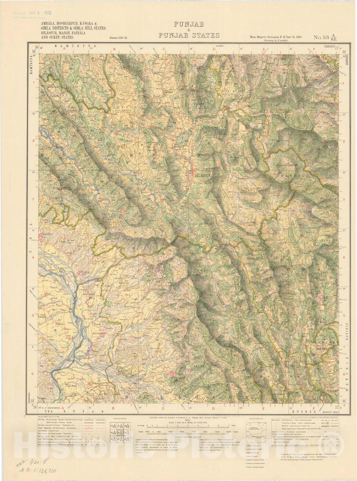 Map : Ambala, Hoshiarpur, Kangra & Simla Districts, Bilaspur, Mandi, Patiala and Suket, Punjab & Punjab 1925, Antique Vintage Reproduction