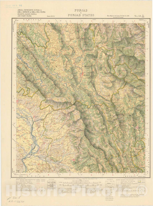 Map : Ambala, Hoshiarpur, Kangra & Simla Districts, Bilaspur, Mandi, Patiala and Suket, Punjab & Punjab 1925, Antique Vintage Reproduction