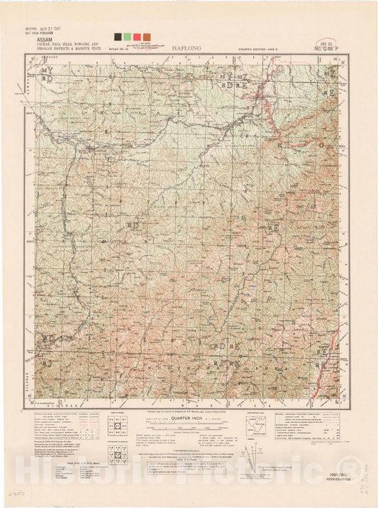 Map : Assam, Cachar, Naga Hills, Nowgong and Sibsagar Districts & Manipur State, Haflong 83 G 1945, India 1:253,440, Antique Vintage Reproduction