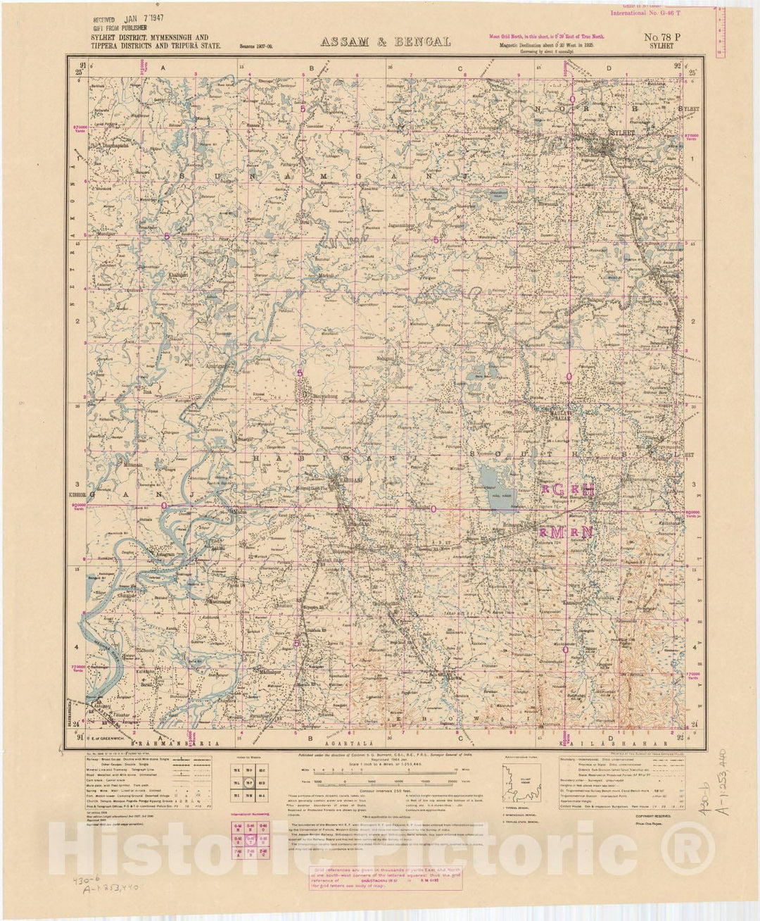 Map : Sylhet District, Mymensingh and Tippera Districts and Tripura State, Assam & Bengal, No. 78 P 1944, India 1:253,440, Antique Vintage Reproduction