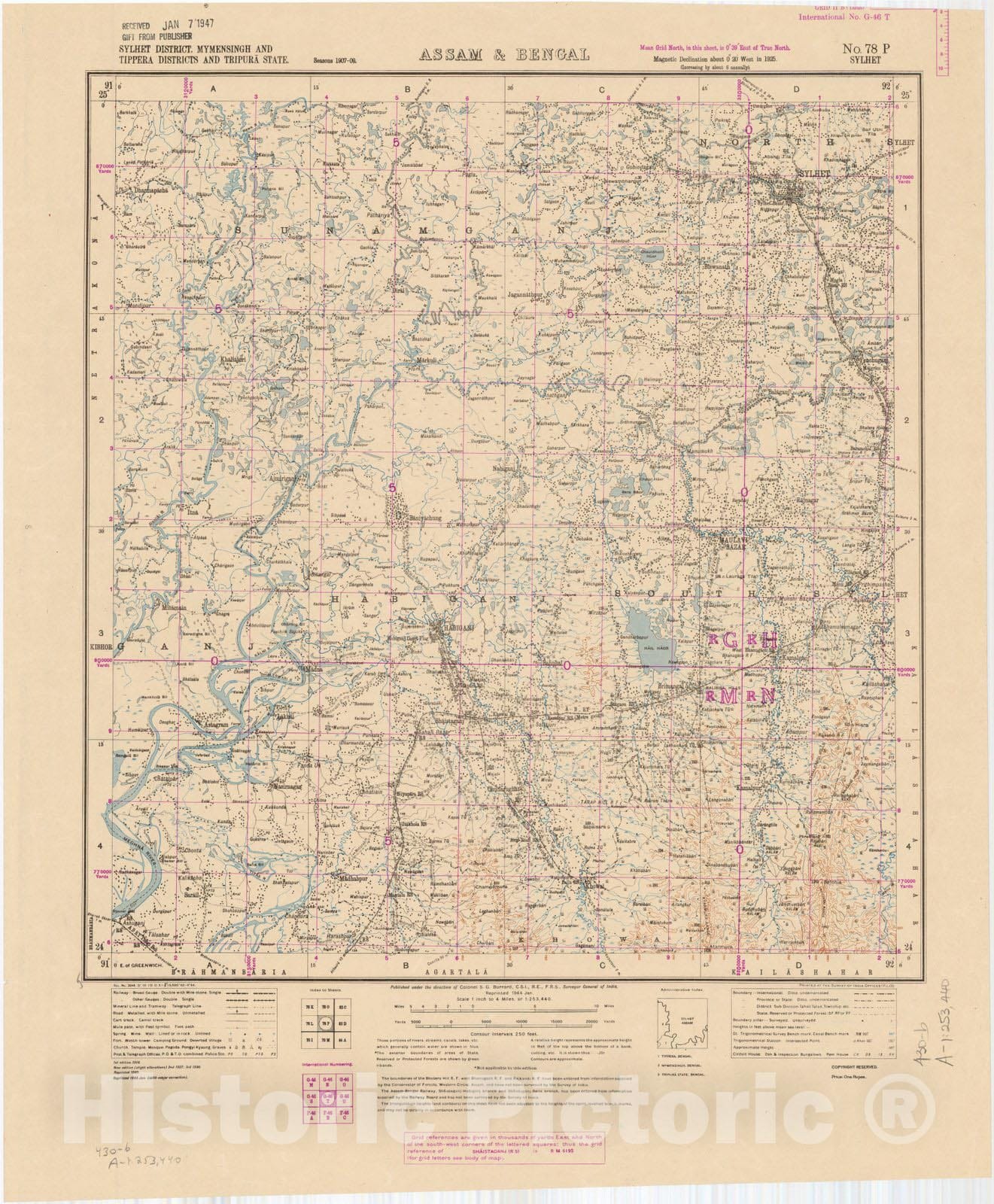 Map : Sylhet District, Mymensingh and Tippera Districts and Tripura State, Assam & Bengal, No. 78 P 1944, India 1:253,440, Antique Vintage Reproduction