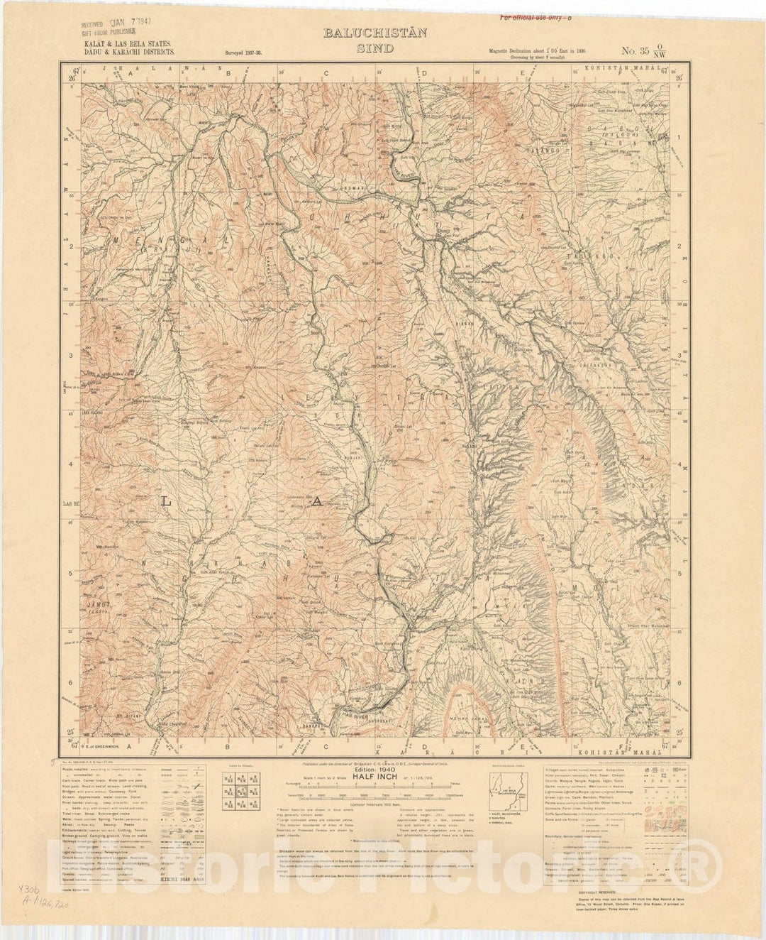 Map : Kalat & Las Bela States, Dadu & Karachi Districts, Baluchistan, Sind No. 35 O/N.W. 1940, India and adjacent countries, Antique Vintage Reproduction