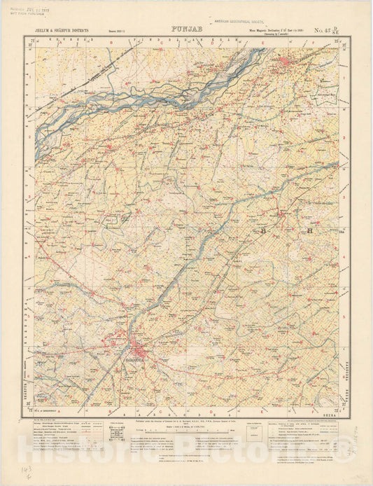 Map : Jhelum & Shahpur Districts, Punjab, No. 43 D/S.E. 1917, India and adjacent countries, Antique Vintage Reproduction
