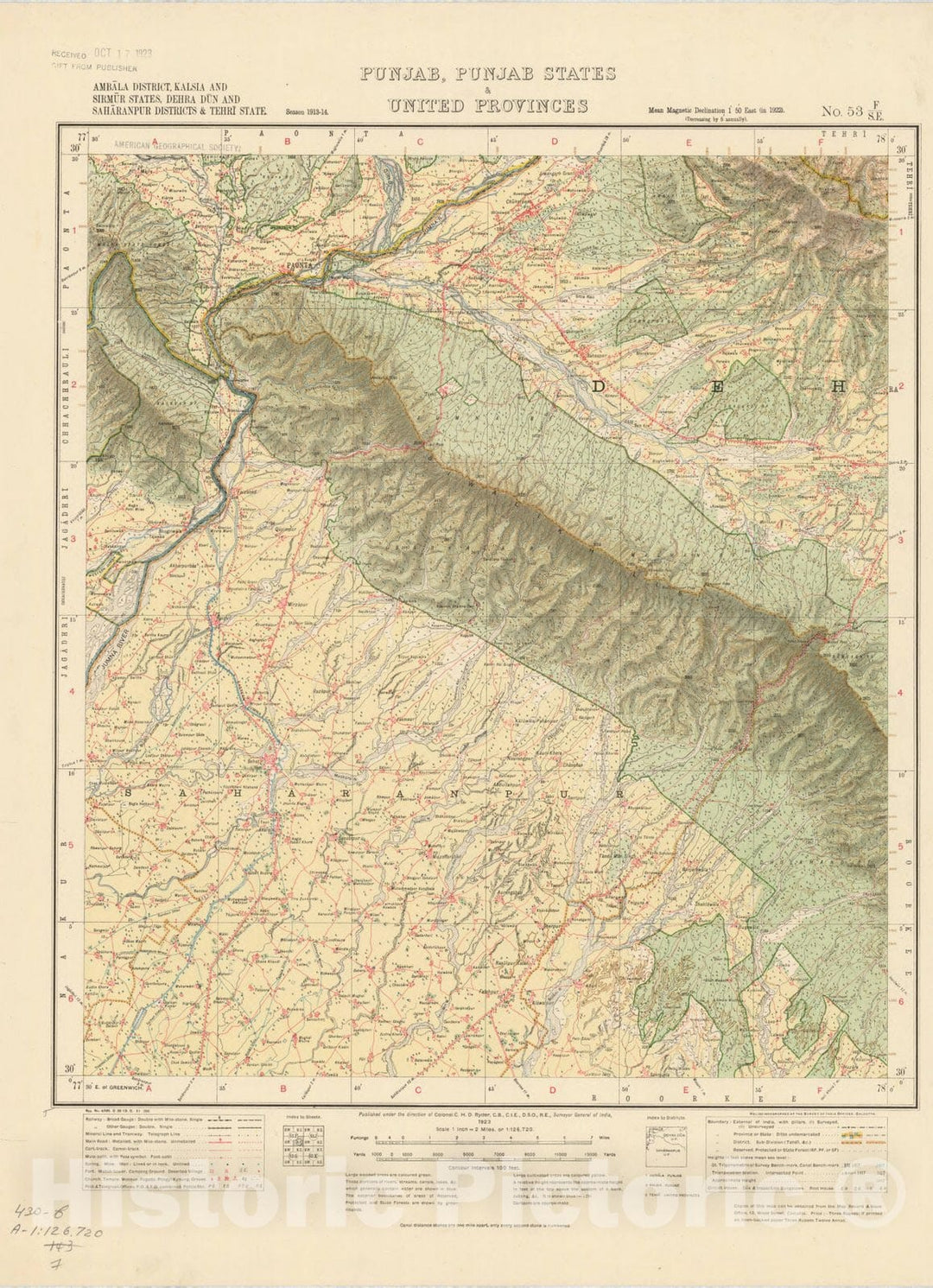 Map : Ambala District, Kalsia and Sirmur States, Dehra Dun and Saharanpur Districts & Tehri State, Punjab, PUnjab States, 1923, Antique Vintage Reproduction