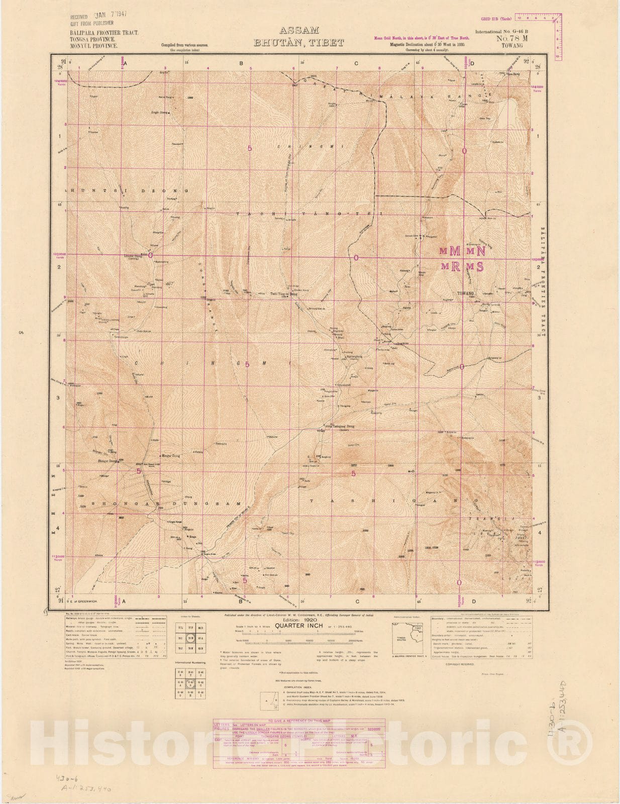 Map : Balipara Frontier Tract, Tongsa Province, Monyul Province, Assam, Bhutan, Tibet, No. 78 M 1943, India 1:253,440, Antique Vintage Reproduction