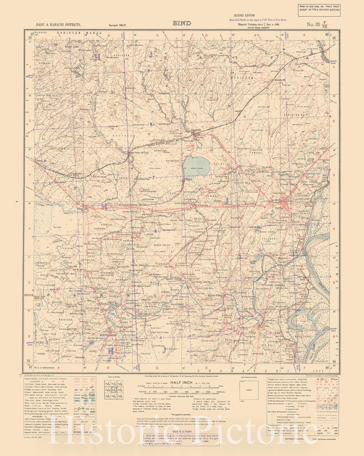 Map : Dadu & Karachi Districts, Sind, No. 35 P/N.E. 1945, India and adjacent countries, Antique Vintage Reproduction