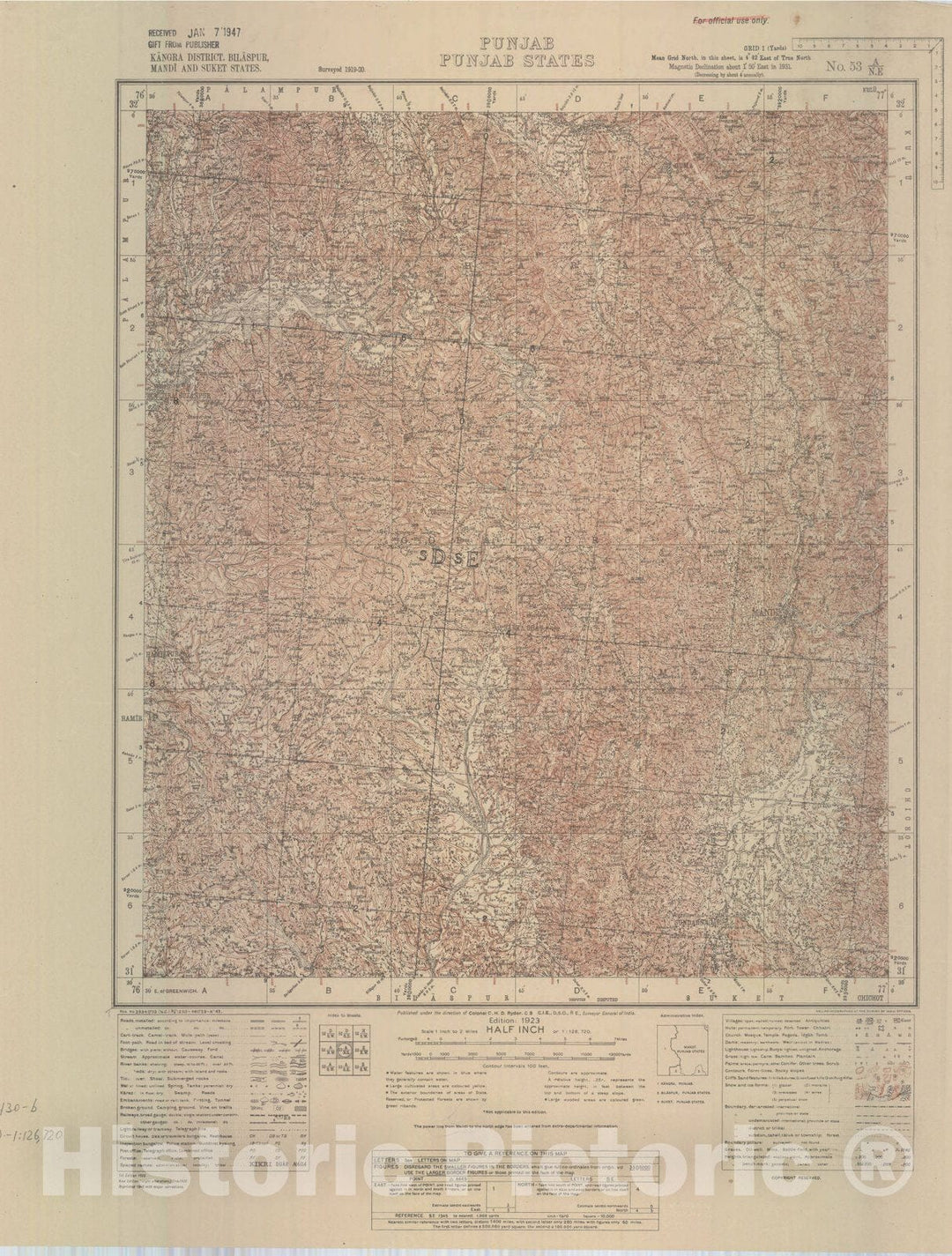 Map : Kangra District, Bilaspur, Mandi and Suket States, Punjab, Punjab States, No. 53 A/N.E. 1943, India and adjacent countries, Antique Vintage Reproduction