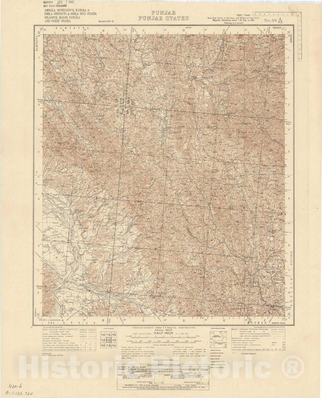Map : Ambala, Hoshiarpur, Kangra, Simla Districts & Simla Hill, Bilaspur, Mandi, Patiala and Suket, Punjab, Punjab States, 1943, Antique Vintage Reproduction