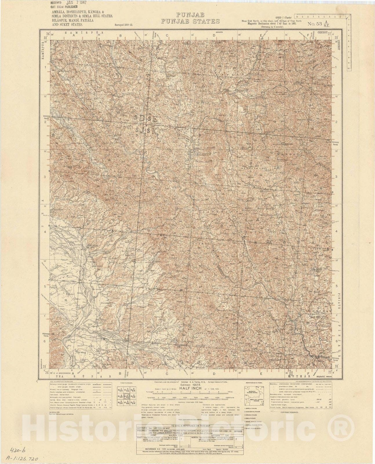 Map : Ambala, Hoshiarpur, Kangra, Simla Districts & Simla Hill, Bilaspur, Mandi, Patiala and Suket, Punjab, Punjab States, 1943, Antique Vintage Reproduction