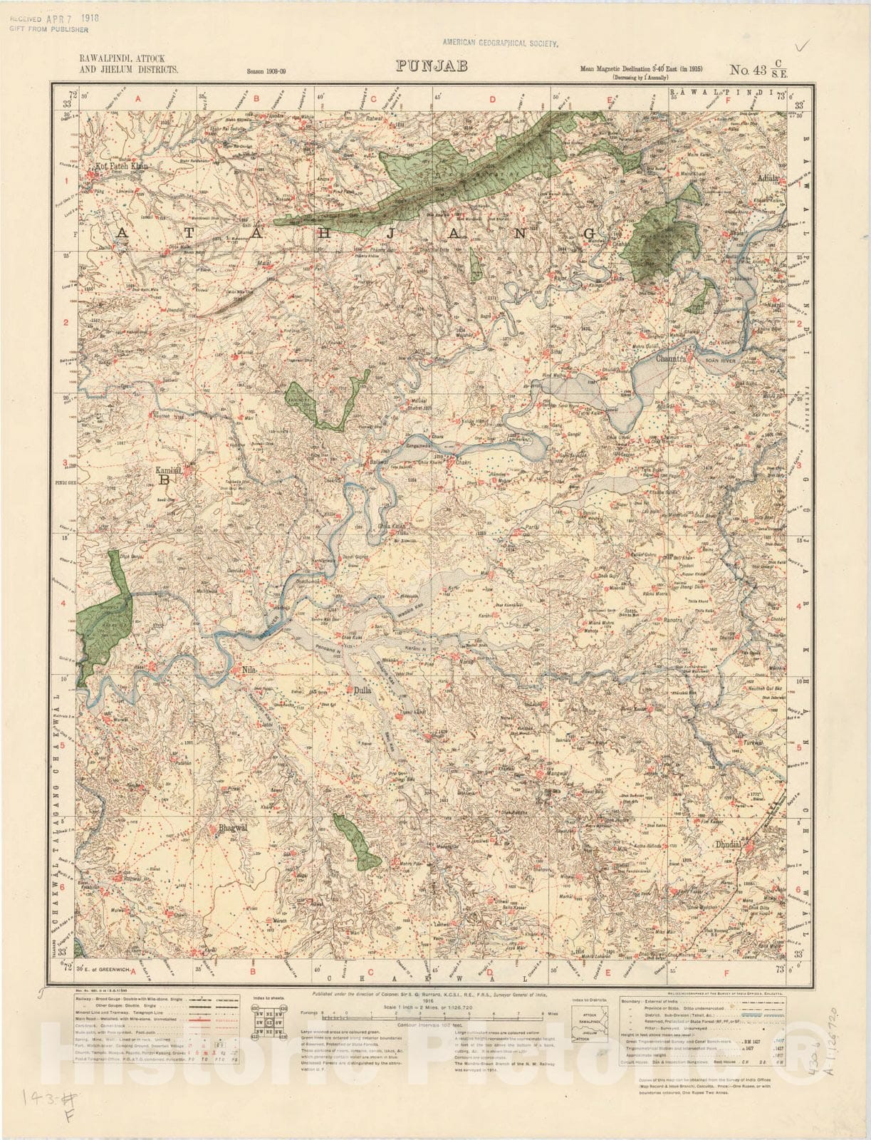 Map : Rawalpindi, Attock and Jhelum Districts, Punjab, No. 43 C/S.E. 1916, India and adjacent countries, Antique Vintage Reproduction