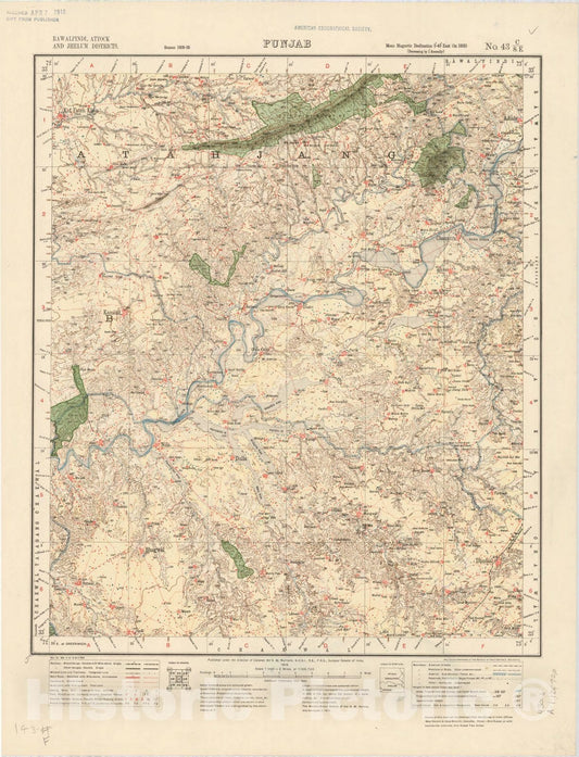 Map : Rawalpindi, Attock and Jhelum Districts, Punjab, No. 43 C/S.E. 1916, India and adjacent countries, Antique Vintage Reproduction