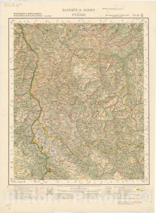 Map : Muzaffarabad & Mirpur Districts, Punch State & Rawalpindi District, Kashmir & Jammu & Punjab, No. 43 G/N.E. 1917, India and adjacent countries