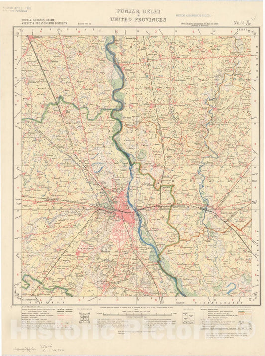 Historic Map : Rohtak, Gurgaon, Delhi, Meerut & Bulandshahr Districts, Punjab, Delhi & United Provinces, No. 53 H/N.W. 1917, India and adjacent countries, Antique Vintage Reproduction