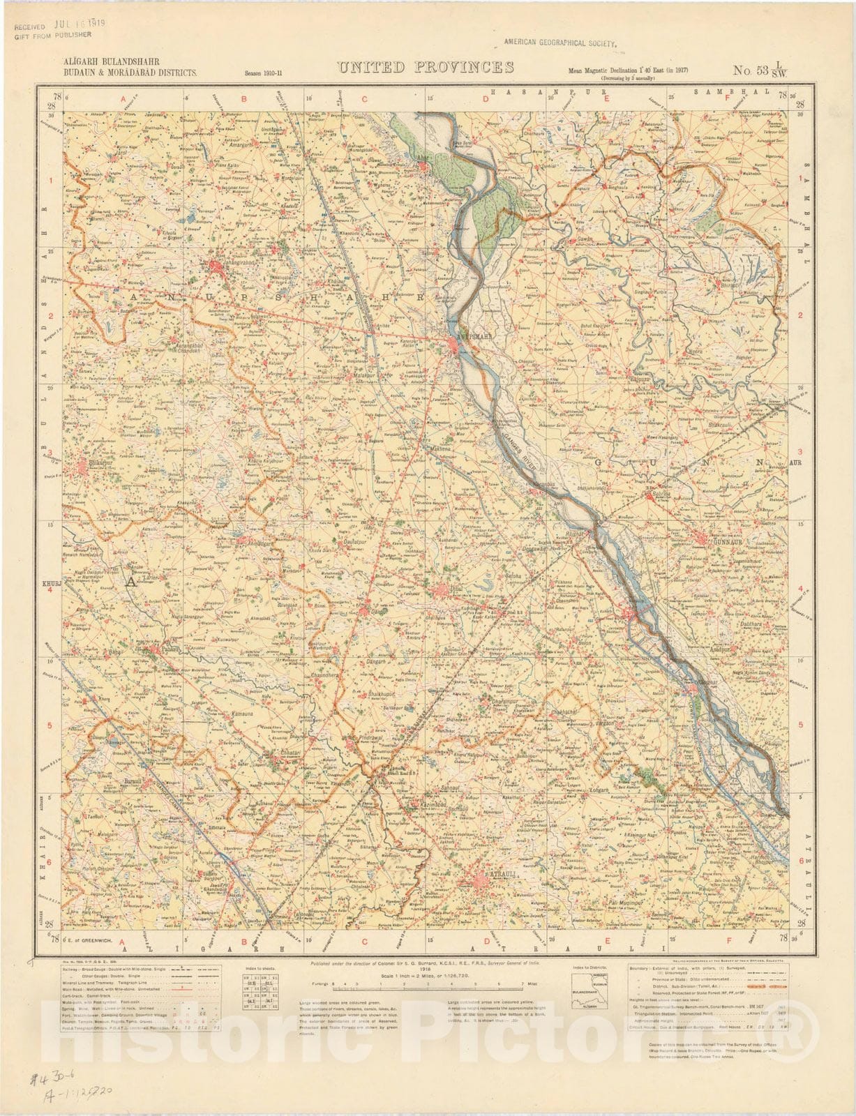 Map : Aligarh Bulandshahr Budaun & Moradabad Districts, United Provinces, No. 53 L/S.W. 1918, India and adjacent countries, Antique Vintage Reproduction