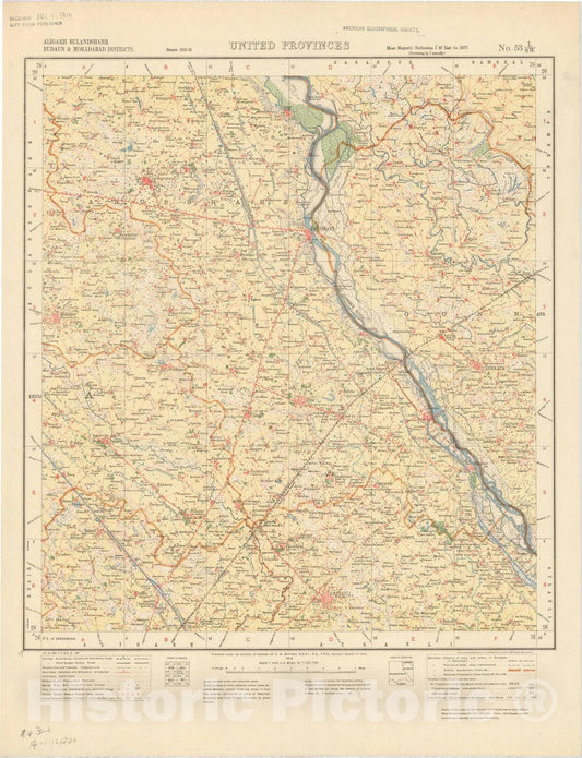 Map : Aligarh Bulandshahr Budaun & Moradabad Districts, United Provinces, No. 53 L/S.W. 1918, India and adjacent countries, Antique Vintage Reproduction