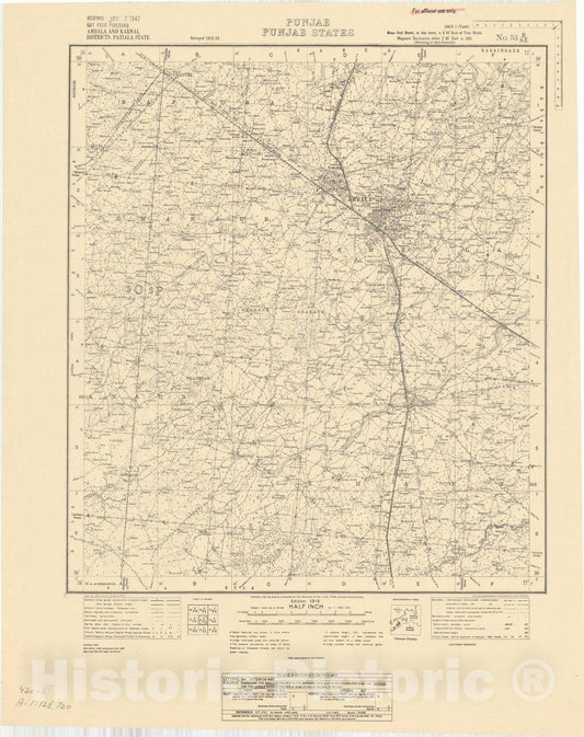 Map : Ambala and Karnal Districts, Patiala State, Punjab, Punjab States, No. 53 B/S.E. 1943, India and adjacent countries, Antique Vintage Reproduction
