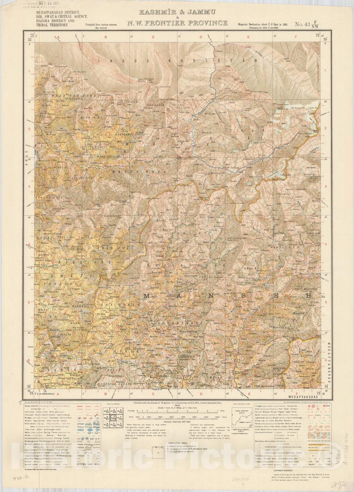 Map : Muzaffarabad District, Swat & Chitral Agency, Hazara and Tribal Territory, Kashmir & Jammu, Provinces,. 1935, Antique Vintage Reproduction