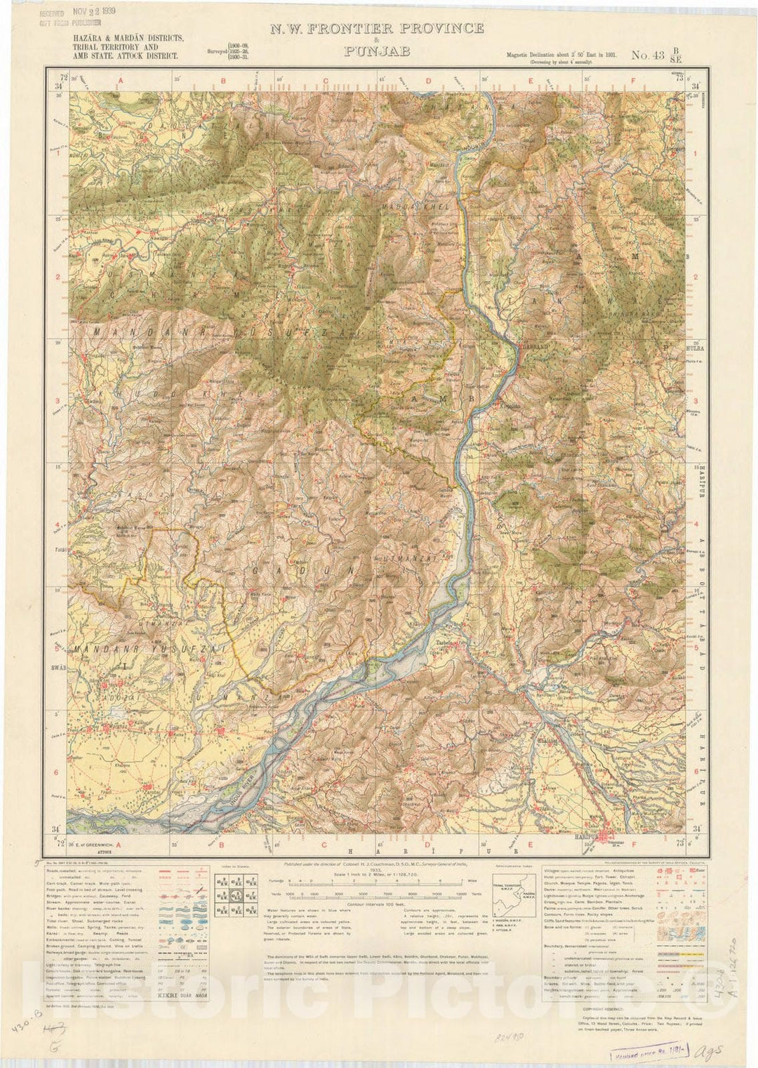 Map : Hazara & Mardan Districts, Tribal Territory and Amb State, Attock District, N.W. Frontier & Punjab No. 43 B/S.E. 1938, India and adjacent countries