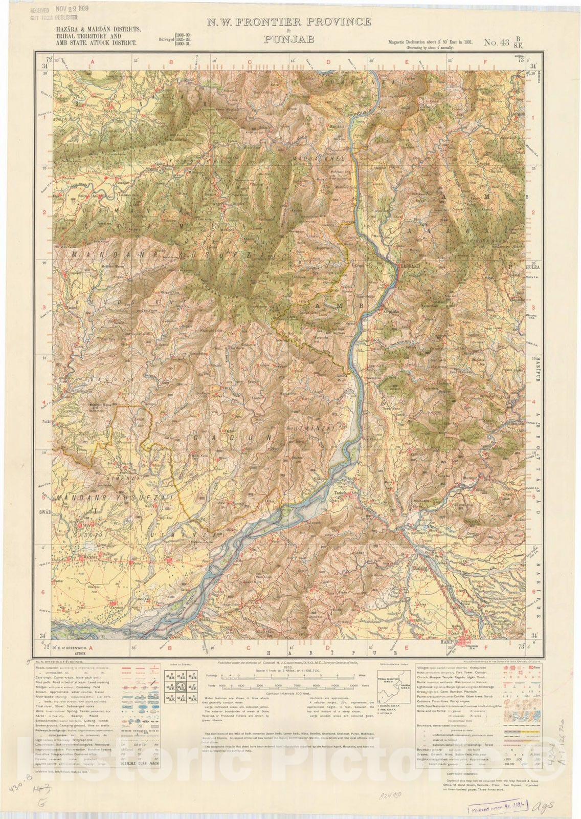 Map : Hazara & Mardan Districts, Tribal Territory and Amb State, Attock District, N.W. Frontier & Punjab No. 43 B/S.E. 1938, India and adjacent countries