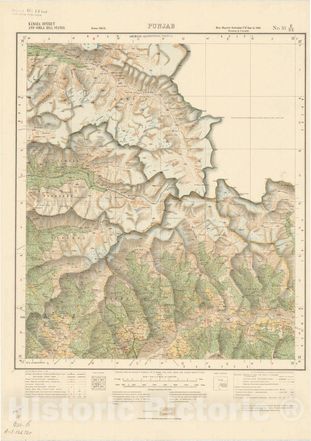 Map : Kangra District and Simla Hill States, Punjab No. 53 E/N.E. 1923, India and adjacent countries, Antique Vintage Reproduction