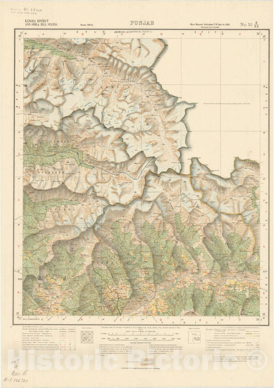 Map : Kangra District and Simla Hill States, Punjab No. 53 E/N.E. 1923, India and adjacent countries, Antique Vintage Reproduction