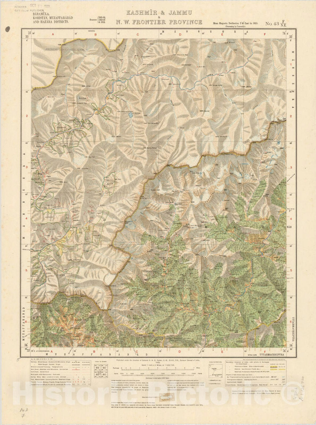 Map : Baramula, Kohistan, Muzaffarabad and Hazara Districts, Kashmir & Jammu & N.W. Frontier Province, No. 43 F/N.E. 1920, India and adjacent countries