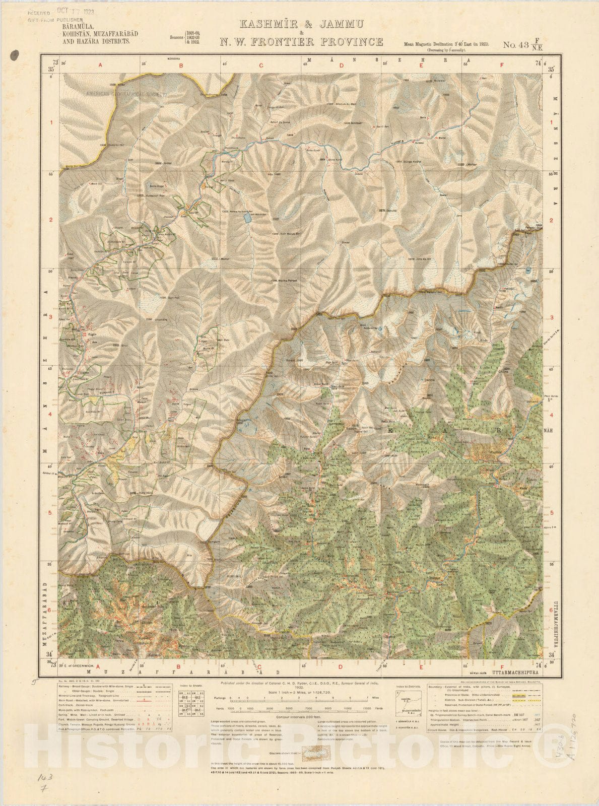 Map : Baramula, Kohistan, Muzaffarabad and Hazara Districts, Kashmir & Jammu & N.W. Frontier Province, No. 43 F/N.E. 1920, India and adjacent countries