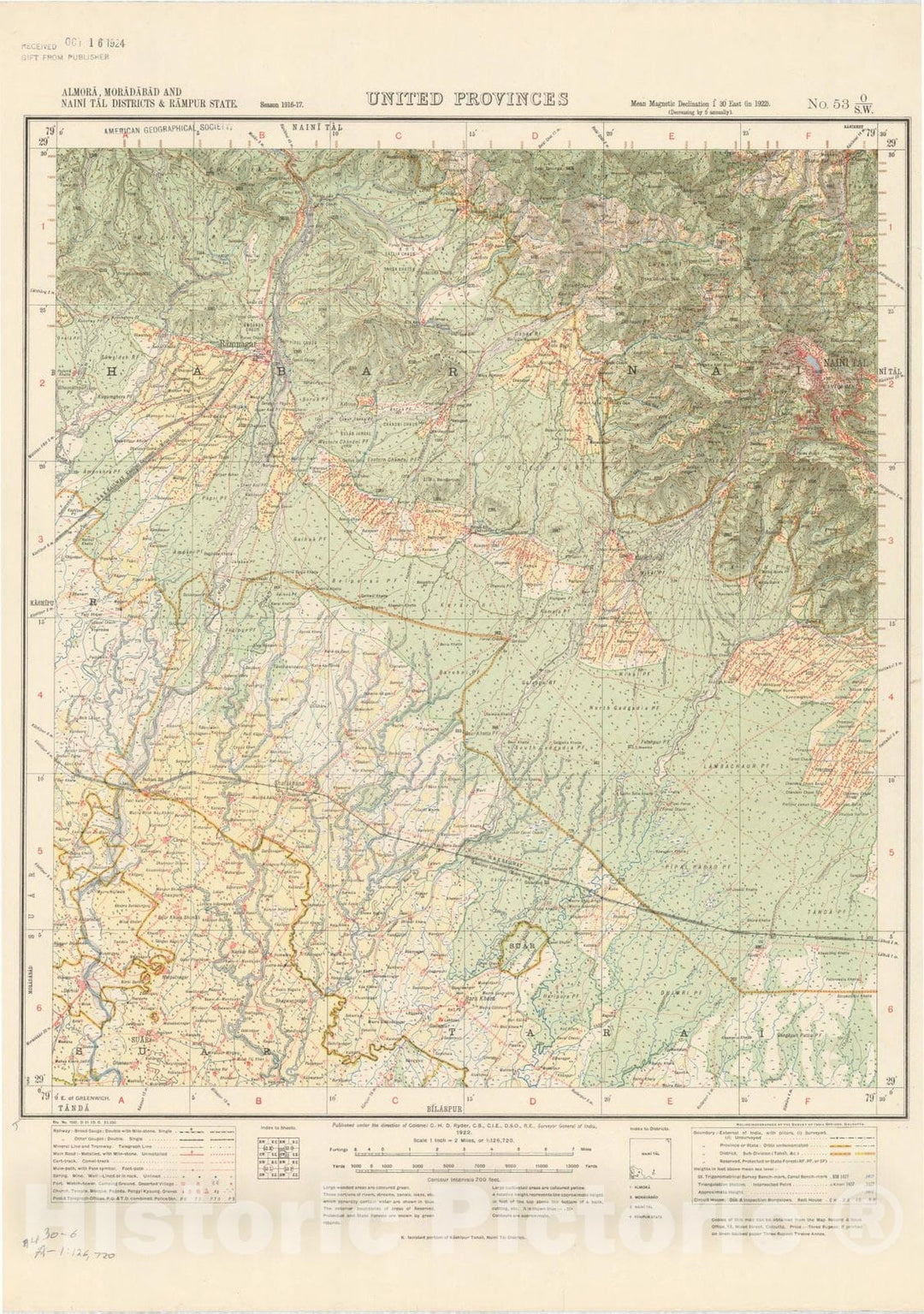 Map : Almora, Moradabad and Naini Tal Districts & Rampur State, United Provinces, No. 53 O/S.W. 1922, India and adjacent countries, Antique Vintage Reproduction