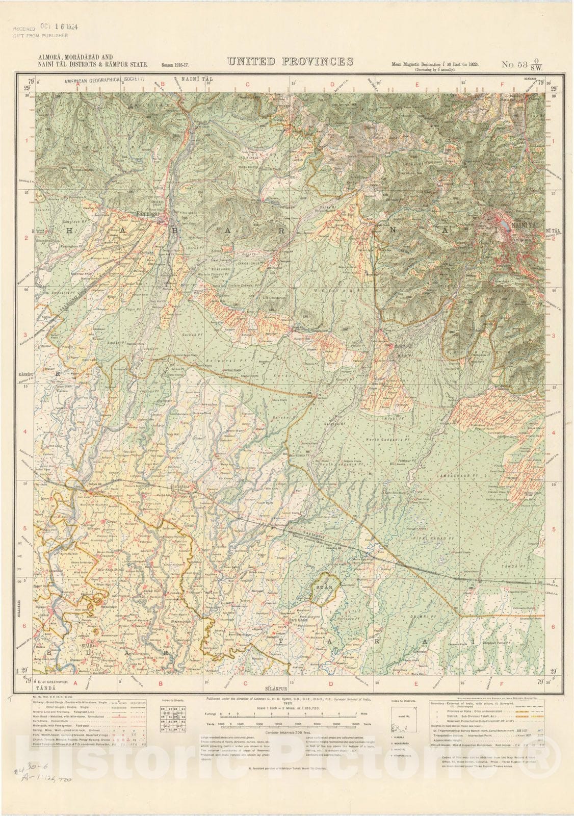 Map : Almora, Moradabad and Naini Tal Districts & Rampur State, United Provinces, No. 53 O/S.W. 1922, India and adjacent countries, Antique Vintage Reproduction