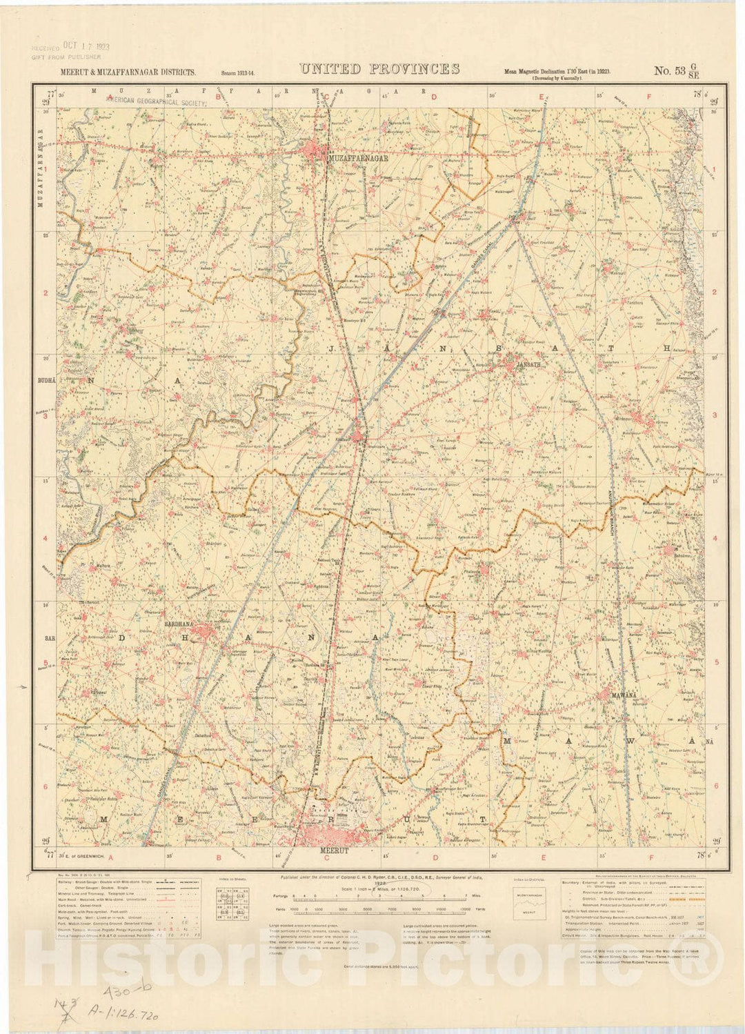 Map : Meerut & Muzaffarnagar Districts, United Provinces, No. 53 G/S.E. 1922, India and adjacent countries, Antique Vintage Reproduction