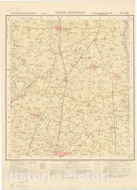 Map : Meerut & Muzaffarnagar Districts, United Provinces, No. 53 G/S.E. 1922, India and adjacent countries, Antique Vintage Reproduction