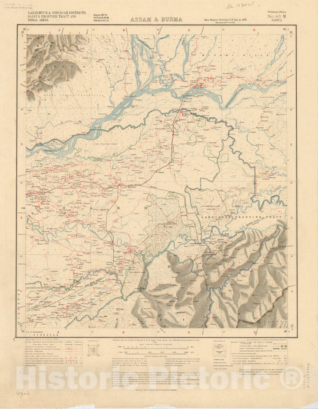 Map : Lakhimpur & Sibsagar Districts, Sadiya Frontier Tract and Tribal areas, Assam & Burma No. 83 M 1919, India 1:253,440, Antique Vintage Reproduction