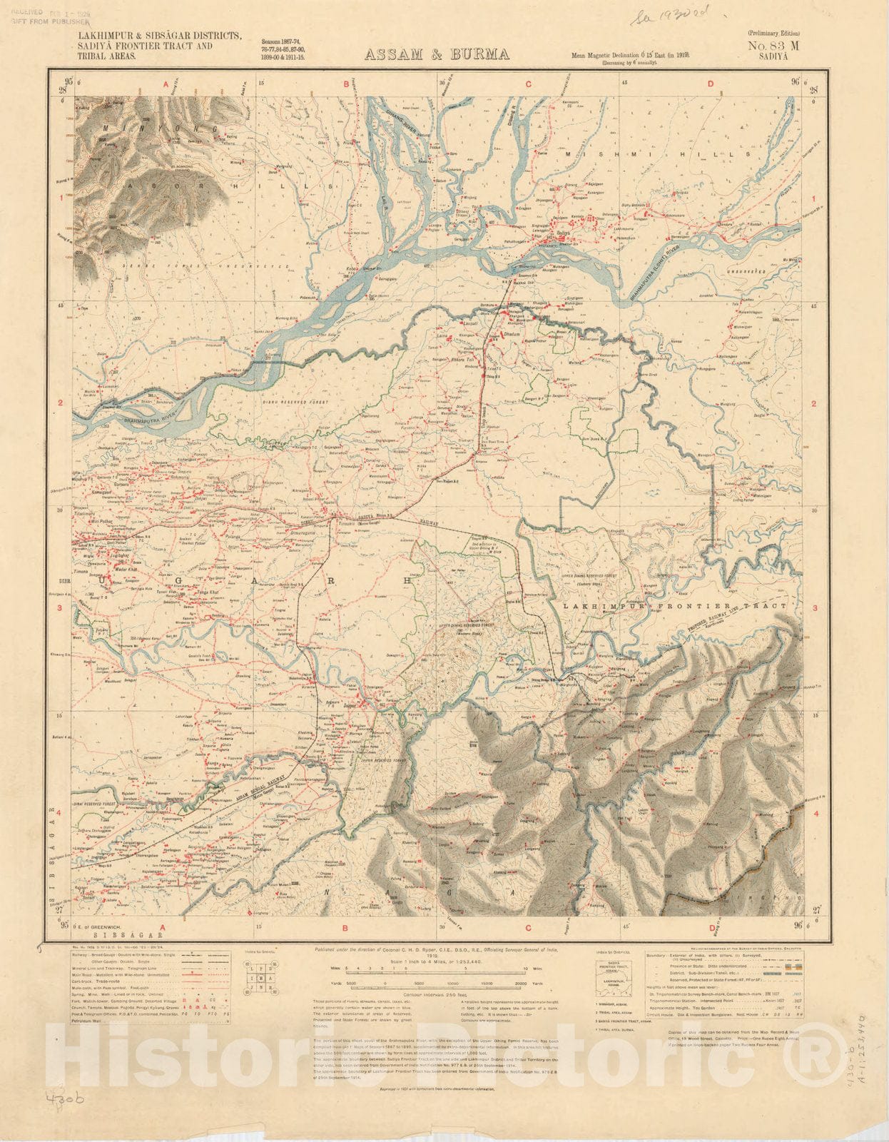 Map : Lakhimpur & Sibsagar Districts, Sadiya Frontier Tract and Tribal areas, Assam & Burma No. 83 M 1919, India 1:253,440, Antique Vintage Reproduction