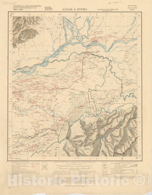 Map : Lakhimpur & Sibsagar Districts, Sadiya Frontier Tract and Tribal areas, Assam & Burma No. 83 M 1919, India 1:253,440, Antique Vintage Reproduction