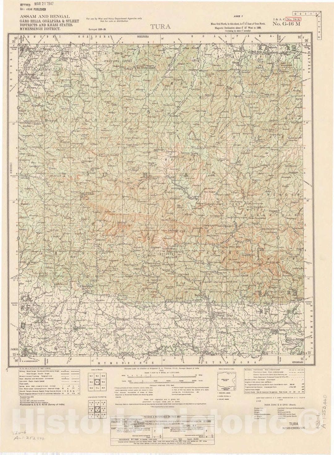 Historic Map : Assam and Bengal, Garo Hills, Goalpara & Sylhet Districts and Khasi States, Mymensingh District, Tura, No. 78 K 1931, India 1:253,440, Antique Vintage Reproduction