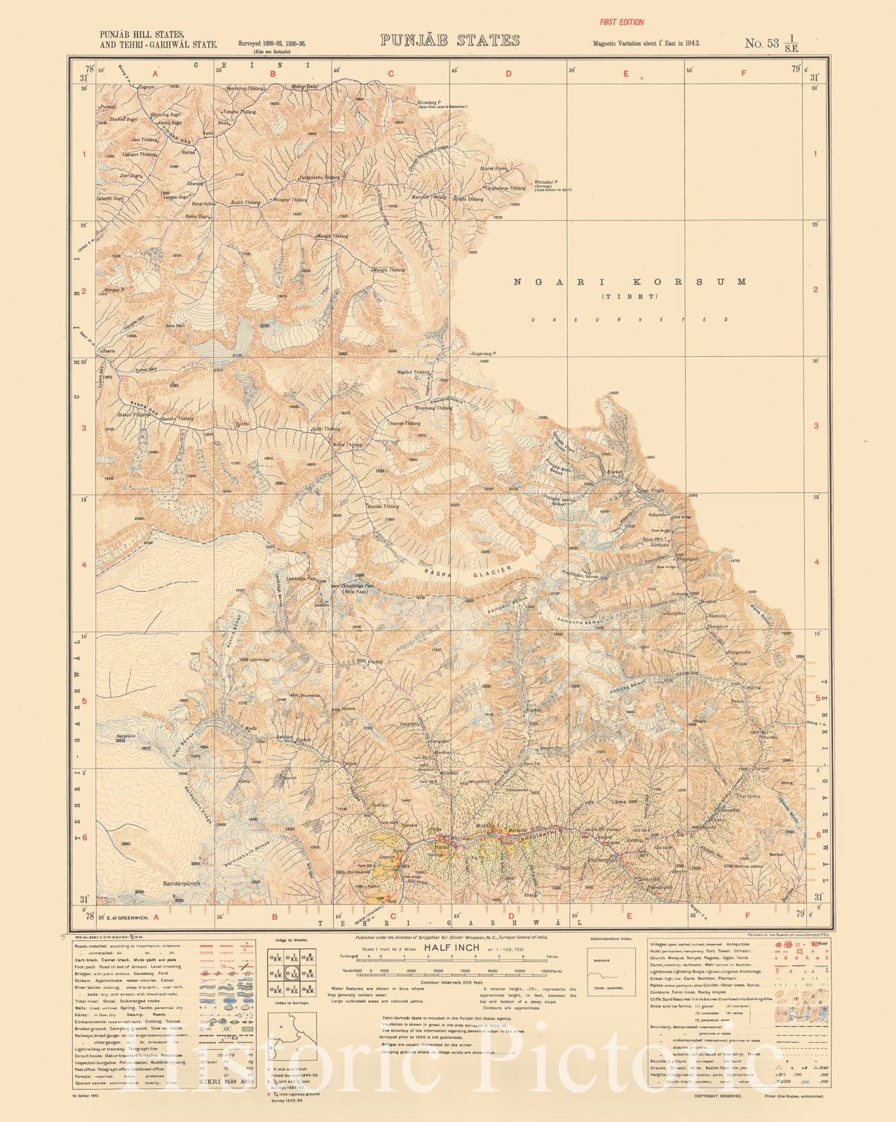 Map : Punjab Hill States, and Tehri-Garhwal State, Punjab States, No. 53 I/S.E. 1945, India and adjacent countries, Antique Vintage Reproduction