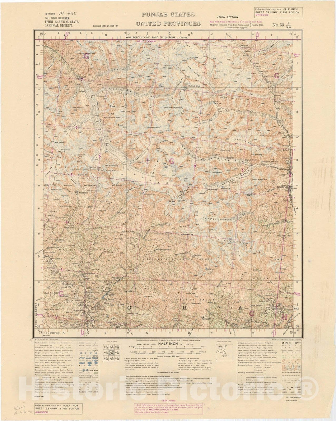 Map : Tehri-Garhwal State, Garhwal District, Punjab States, United Provinces No. 53 N/N.W. 1940, India and adjacent countries, Antique Vintage Reproduction
