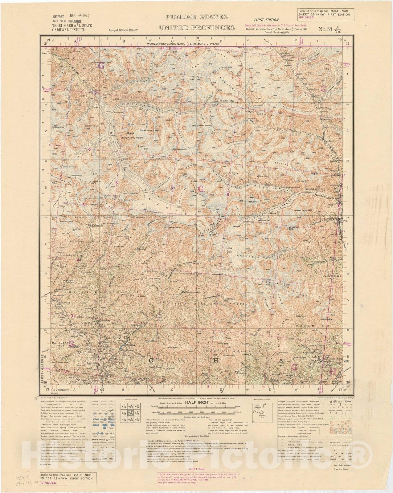 Map : Tehri-Garhwal State, Garhwal District, Punjab States, United Provinces No. 53 N/N.W. 1940, India and adjacent countries, Antique Vintage Reproduction