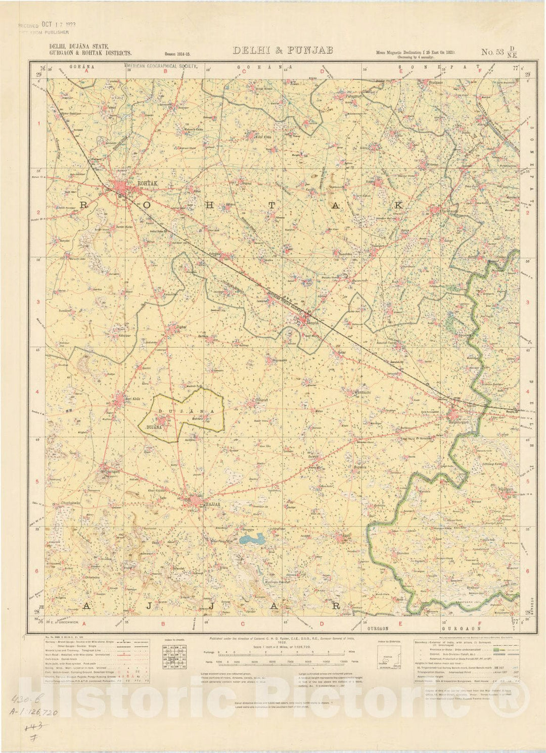 Map : Delhi, Dujana State, Gurgaon & Rohtak Districts, Delhi & Punjab, No. 53 D/N.E. 1922, India and adjacent countries, Antique Vintage Reproduction