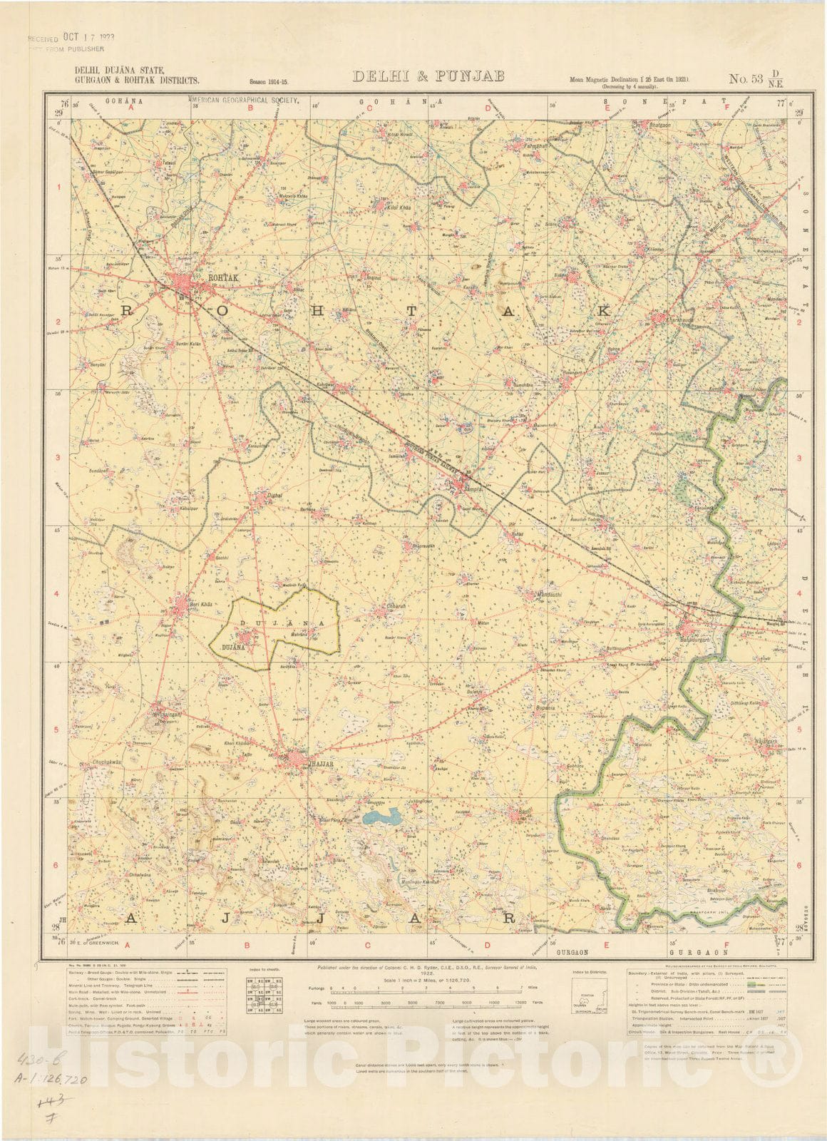Map : Delhi, Dujana State, Gurgaon & Rohtak Districts, Delhi & Punjab, No. 53 D/N.E. 1922, India and adjacent countries, Antique Vintage Reproduction