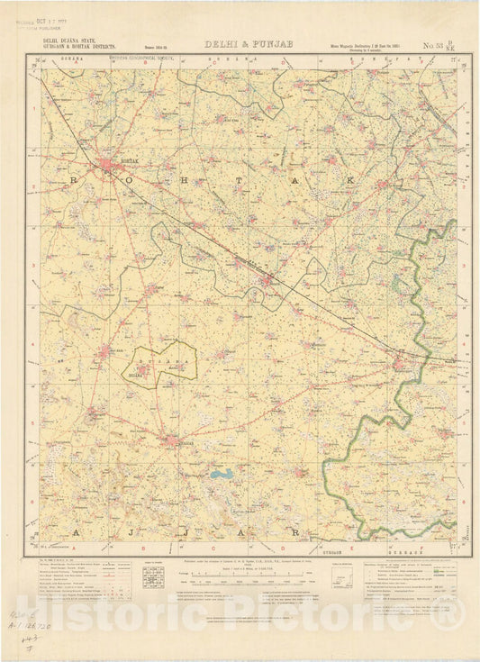 Map : Delhi, Dujana State, Gurgaon & Rohtak Districts, Delhi & Punjab, No. 53 D/N.E. 1922, India and adjacent countries, Antique Vintage Reproduction