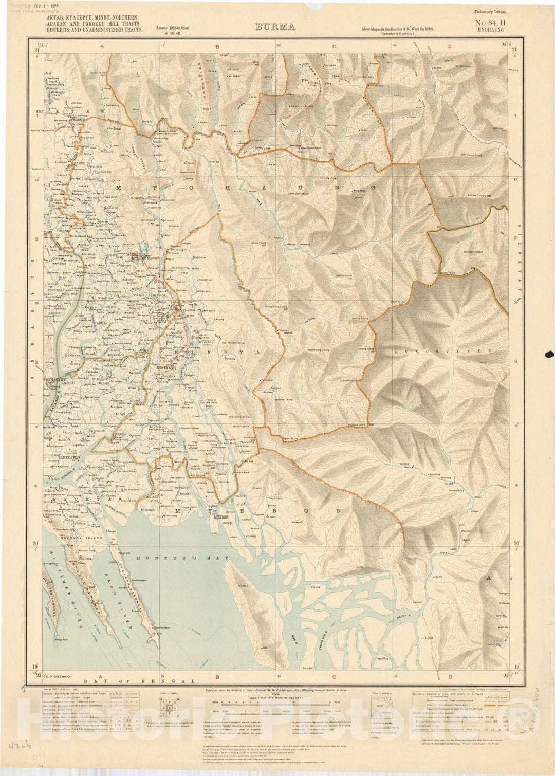 Map : Akyab, Kyaukpyu, Minbu, Northern Arakan and Pakokku Hill Tracts Districts and Unadministered Tracts, Burma, No. 84 H Myohaung 1920, India 1:253,440