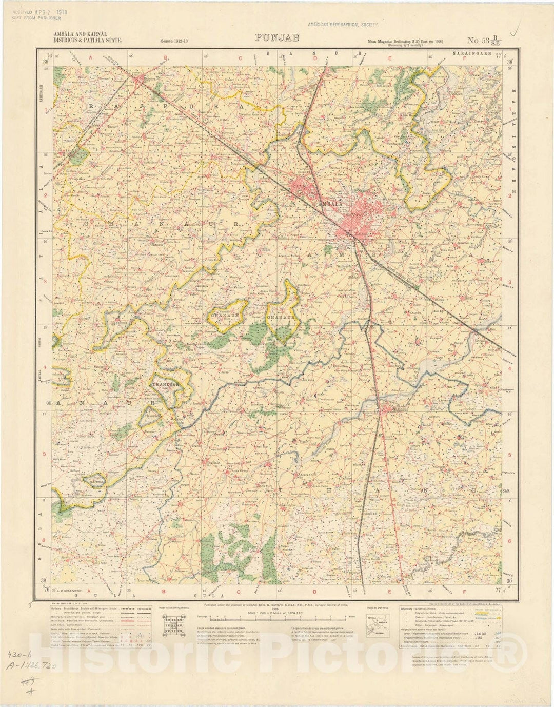 Map : Ambala and Karnal Districts & Patiala State, Punjab No. 53 B/S.E. 1916, India and adjacent countries, Antique Vintage Reproduction