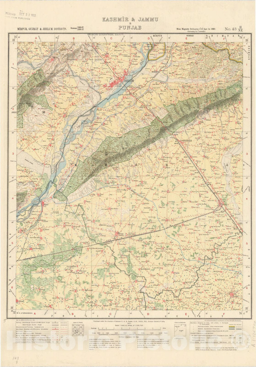Map : Mirpur, Gujrat & Jhelum Districts, Kashmir & Jammu & Punjab, No. 43 H/N.E. 1921, India and adjacent countries, Antique Vintage Reproduction