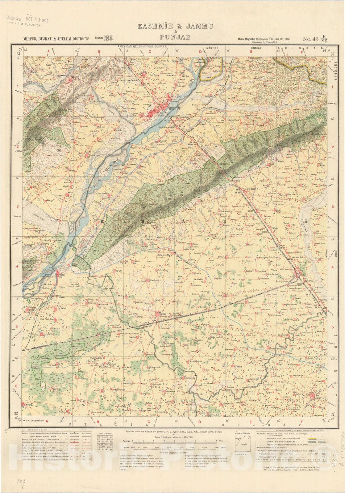 Map : Mirpur, Gujrat & Jhelum Districts, Kashmir & Jammu & Punjab, No. 43 H/N.E. 1921, India and adjacent countries, Antique Vintage Reproduction