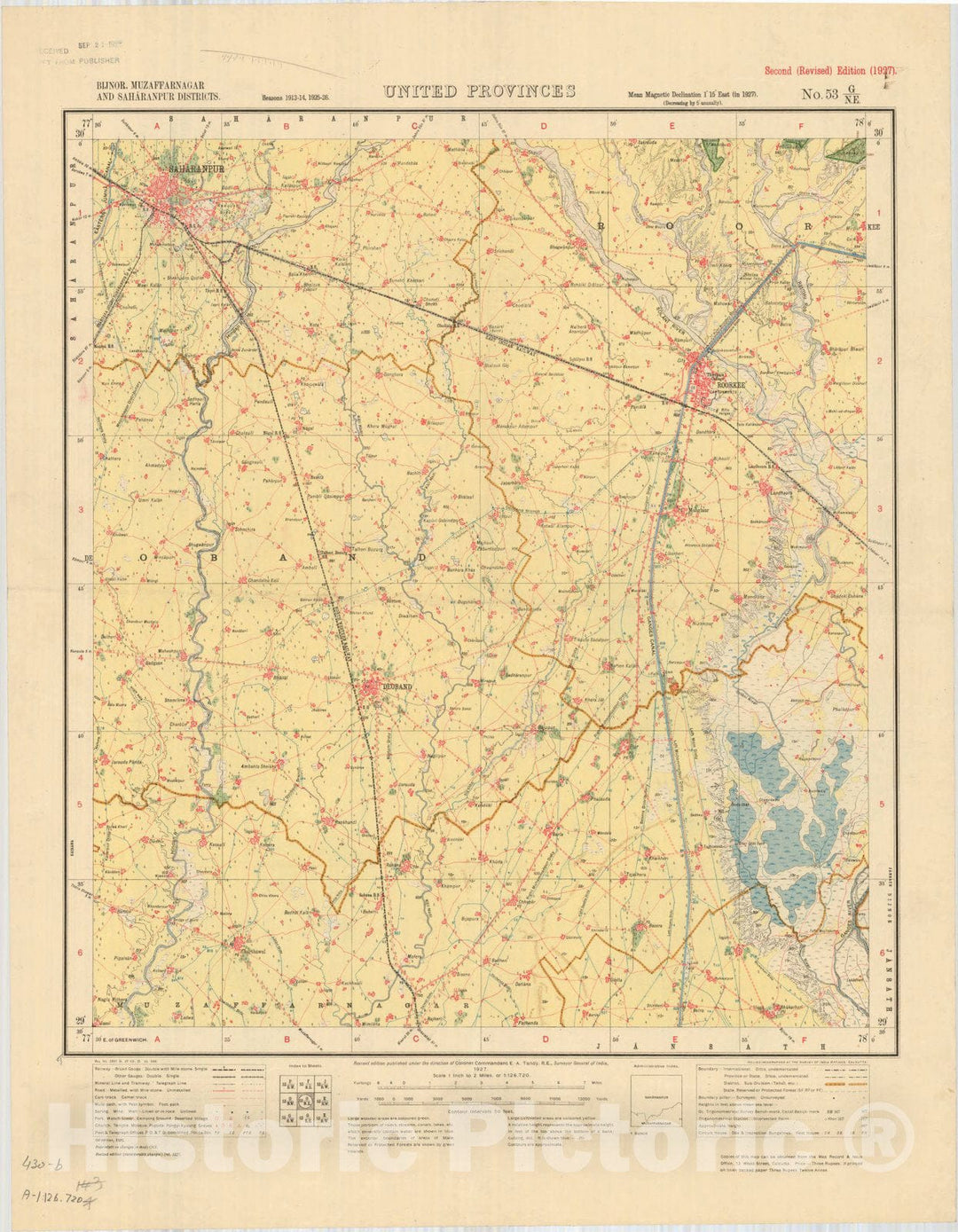 Map : Bijnor, Muzaffarnagar and Saharanpur Districts, United Provinces, No. 53 G/N.E. 1927, India and adjacent countries, Antique Vintage Reproduction