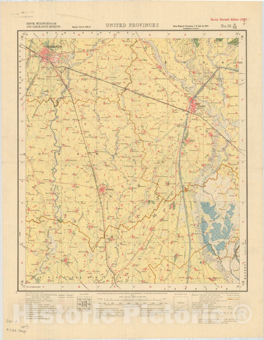 Map : Bijnor, Muzaffarnagar and Saharanpur Districts, United Provinces, No. 53 G/N.E. 1927, India and adjacent countries, Antique Vintage Reproduction