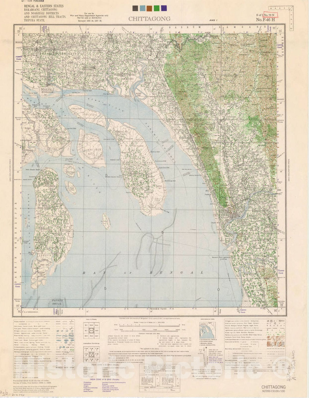 Map : Bengal & easetern States, Bakarganj, Chittagong and Noakhali Districts and Chittagong Hill Tracts, Tripura State, Chittagong no. 79 N 1944, India 1:253,440