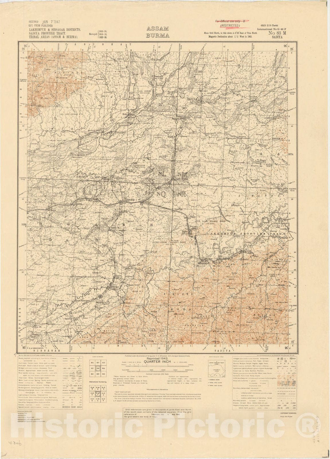 Map : Lakhimpur & Sibsagar Districts, Sadiya Frontier Tract, Tribal areas (Assam & Burma) No. 83 M 1943, India 1:253,440, Antique Vintage Reproduction