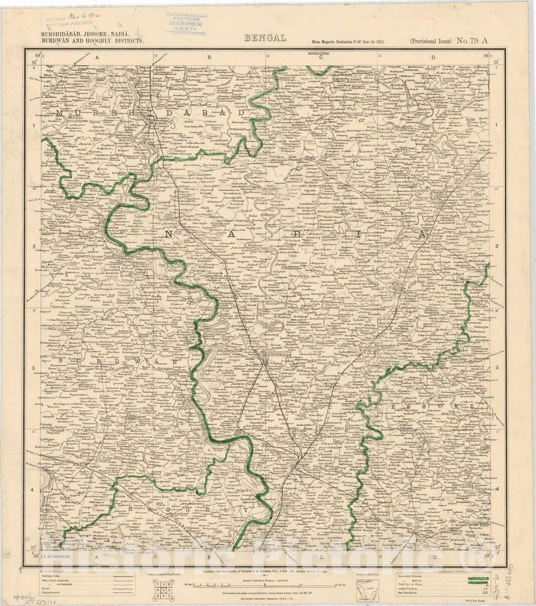 Map : Murshidabad, Jessore, Nadia, Burdwan and Hooghly Districts, Bengal, No. 79 A 1911, India 1:253,440, Antique Vintage Reproduction